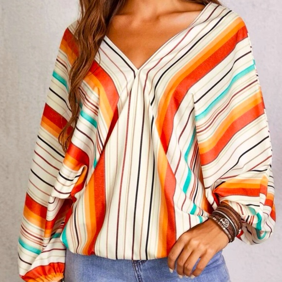 SHEIN Tops - Striped V-Neck Batwing Sleeve Blouse.🧡🍍🍍🍍